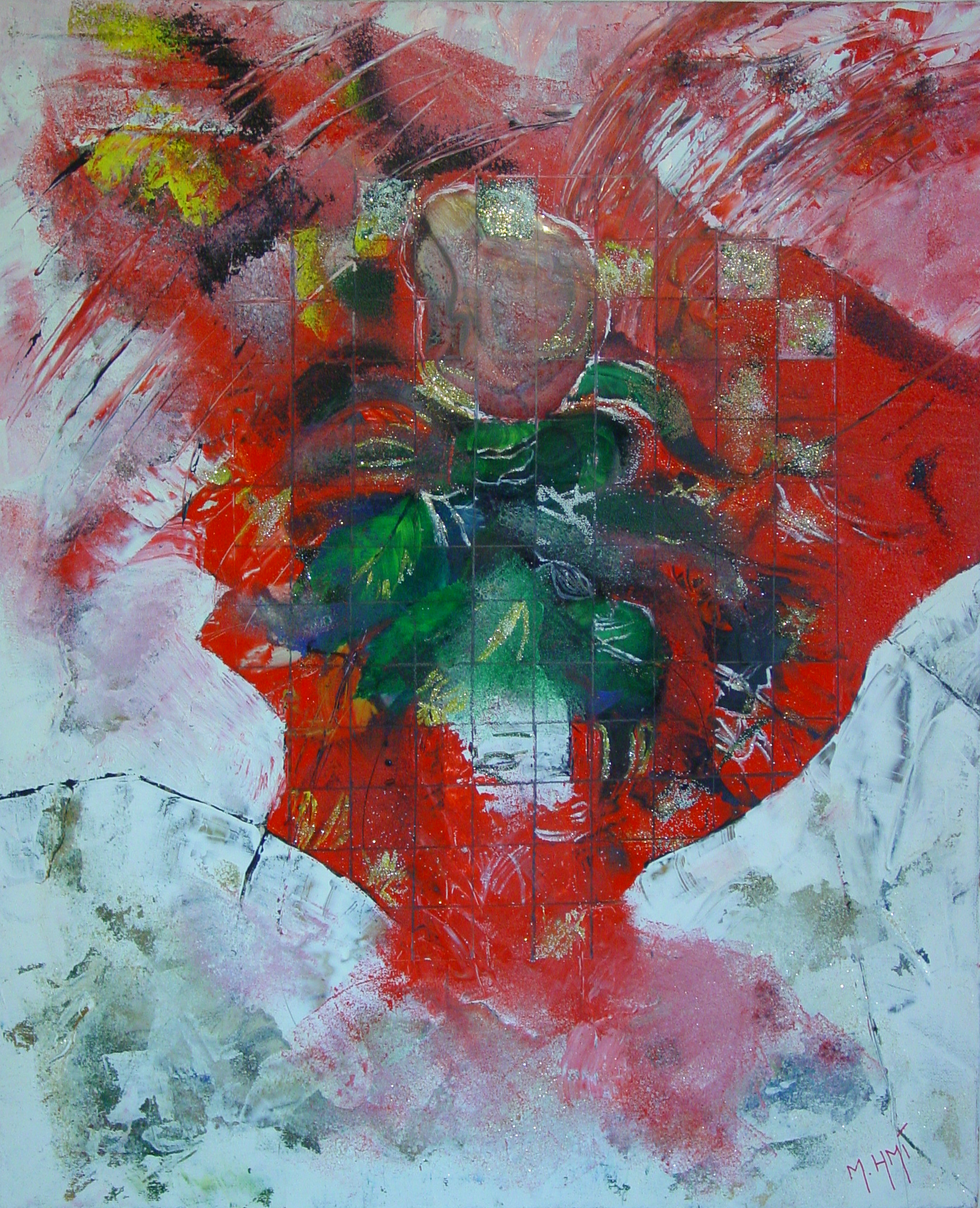 Emprise tableau figuratif peint à l'huile et résine rose fond blanc et rouge fleur vert et rouge