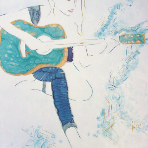 Douce M'Elodie Tableau peint à l’huile, aux pinceaux, aux couteaux et résine style minimaliste bleu sur fond blanc