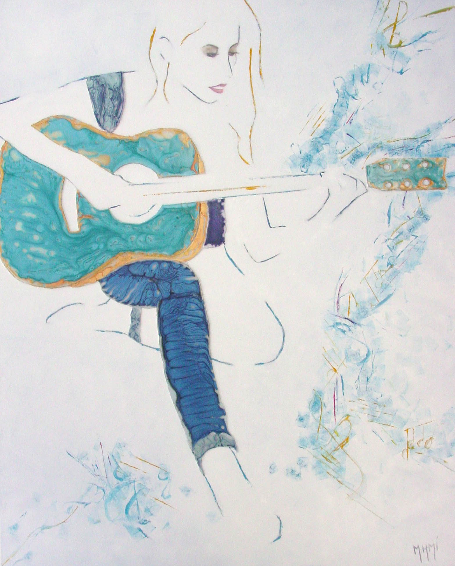 Douce M'Elodie Tableau peint à l’huile, aux pinceaux, aux couteaux et résine style minimaliste bleu sur fond blanc
