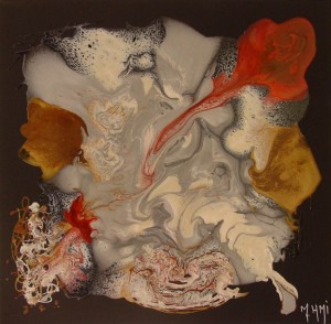 La rose - Tableau peint à l’huile sur résine, couleur rouge, marron, gris blanc