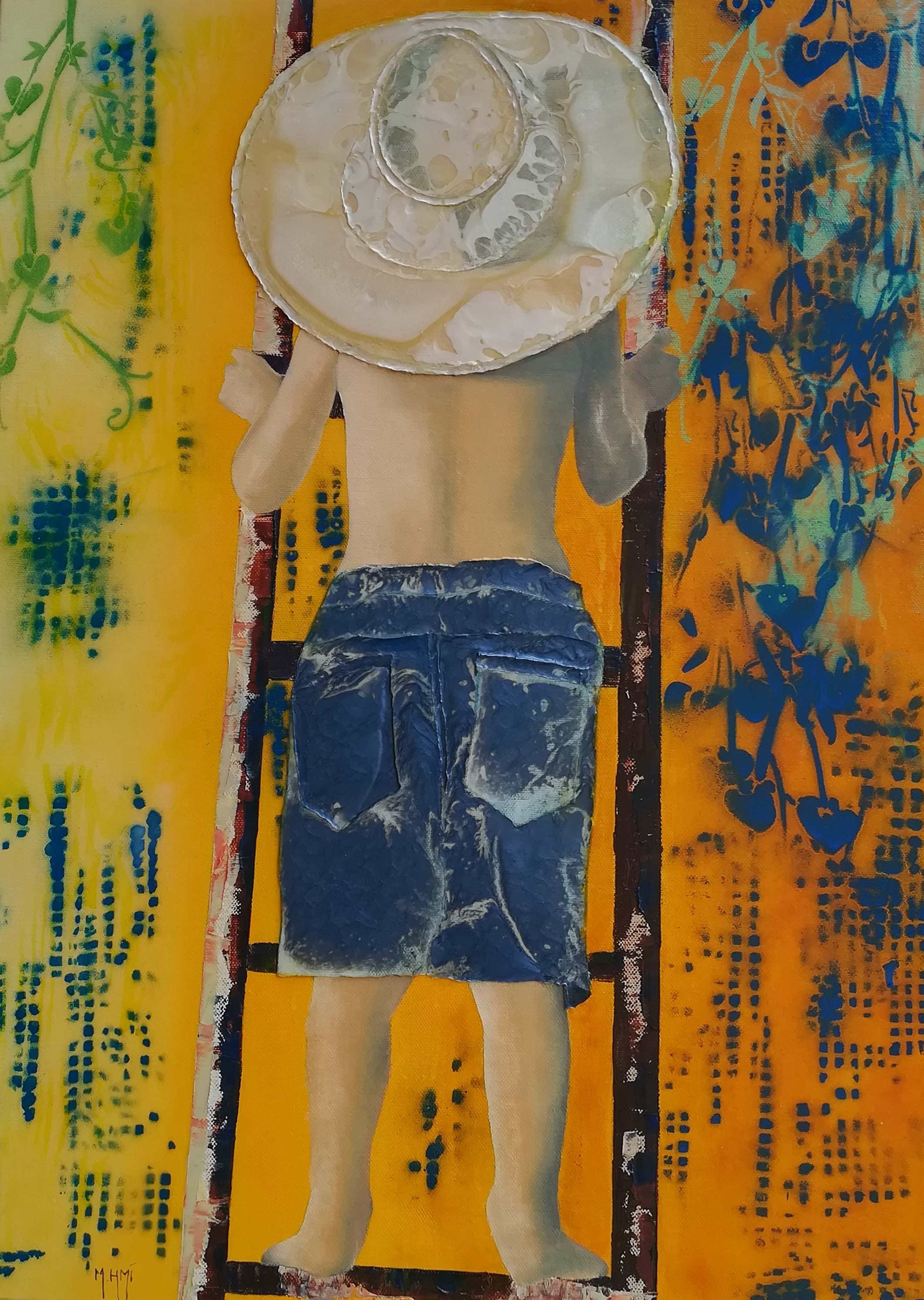 tableau figuratif garçon de dos torse nu avec un chapeau fond jaune
