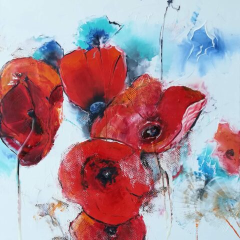 peinture à l'huile et au couteau coquelicots rouge sur fond blanc