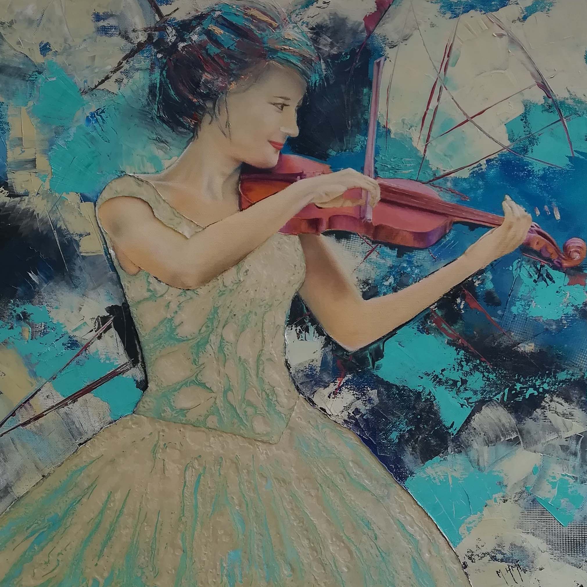 peinture à l'huile femme jouant du violon robe blanche fond bleu