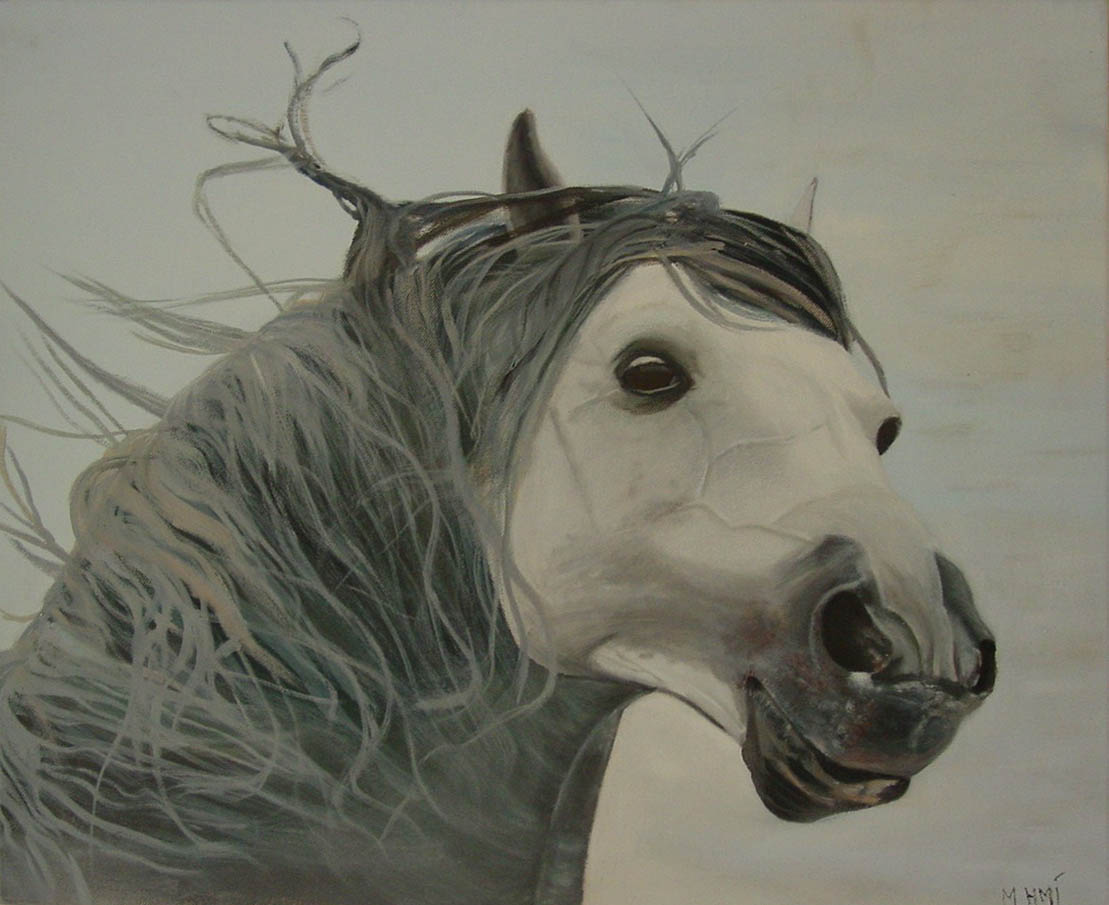 tableau réaliste cheval fougueux crinière au vent blanc et gris