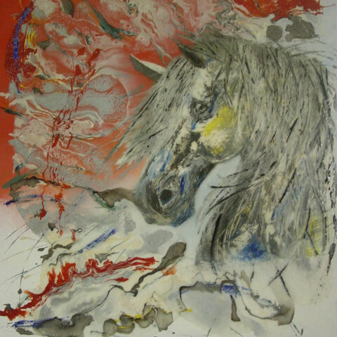 peinture à l'huile et résine cheval blanc sur fond rouge