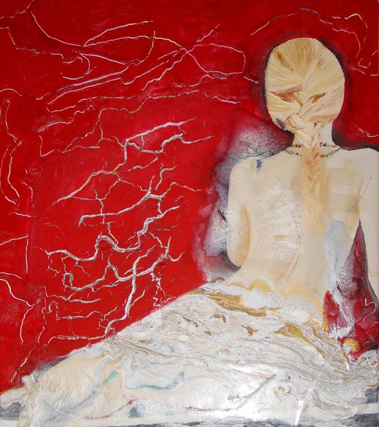 Tableau figuratif Peinture à l'huile femme de dos fond rouge