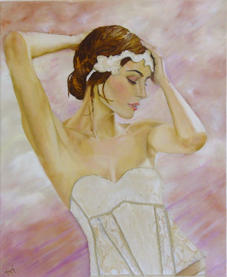 peinture à l'huile réaliste femme de profil en bustier bandeau sur les cheveux couleur naturel