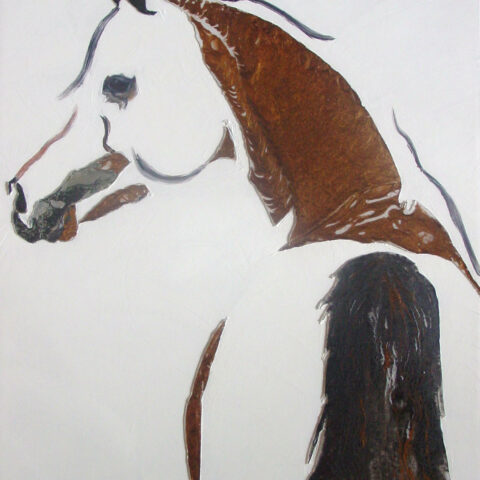 Tableau minimaliste cheval de dos et tête de profil crinière marron fond blanc