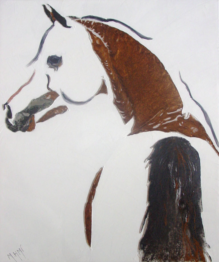 Tableau minimaliste cheval de dos et tête de profil crinière marron fond blanc