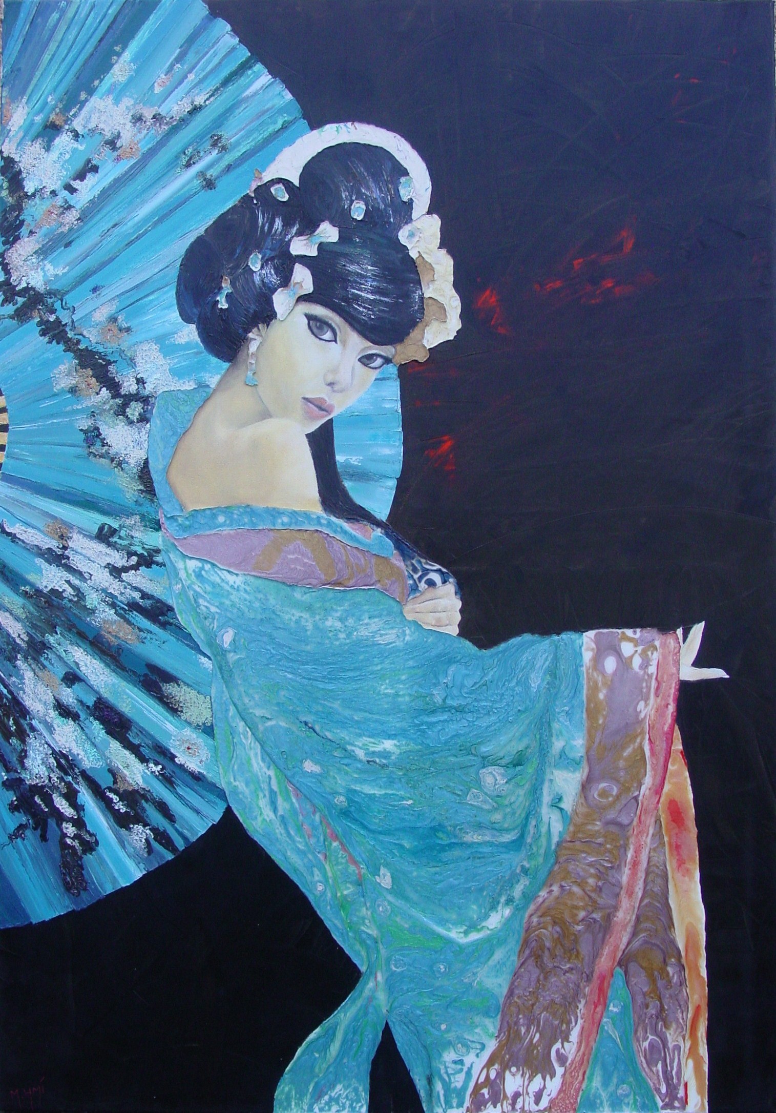 Tableau peinture à l'huile, portrait femme en kimono et grand éventail en fond coloris bleus