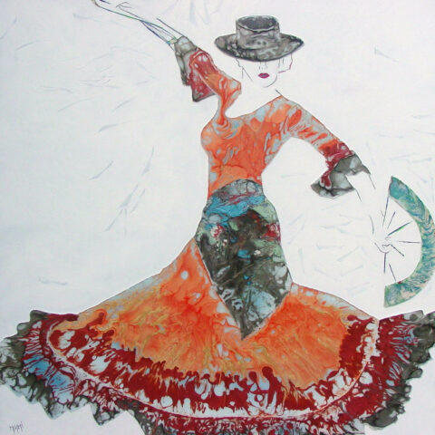 Peinture à l'huile minimaliste Femme dansant le flamenco tobe rouge orange, foulard vert à la taille chapeau et éventail à la main