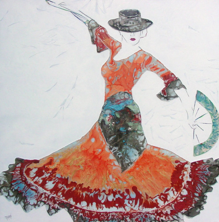 Peinture à l'huile minimaliste Femme dansant le flamenco tobe rouge orange, foulard vert à la taille chapeau et éventail à la main