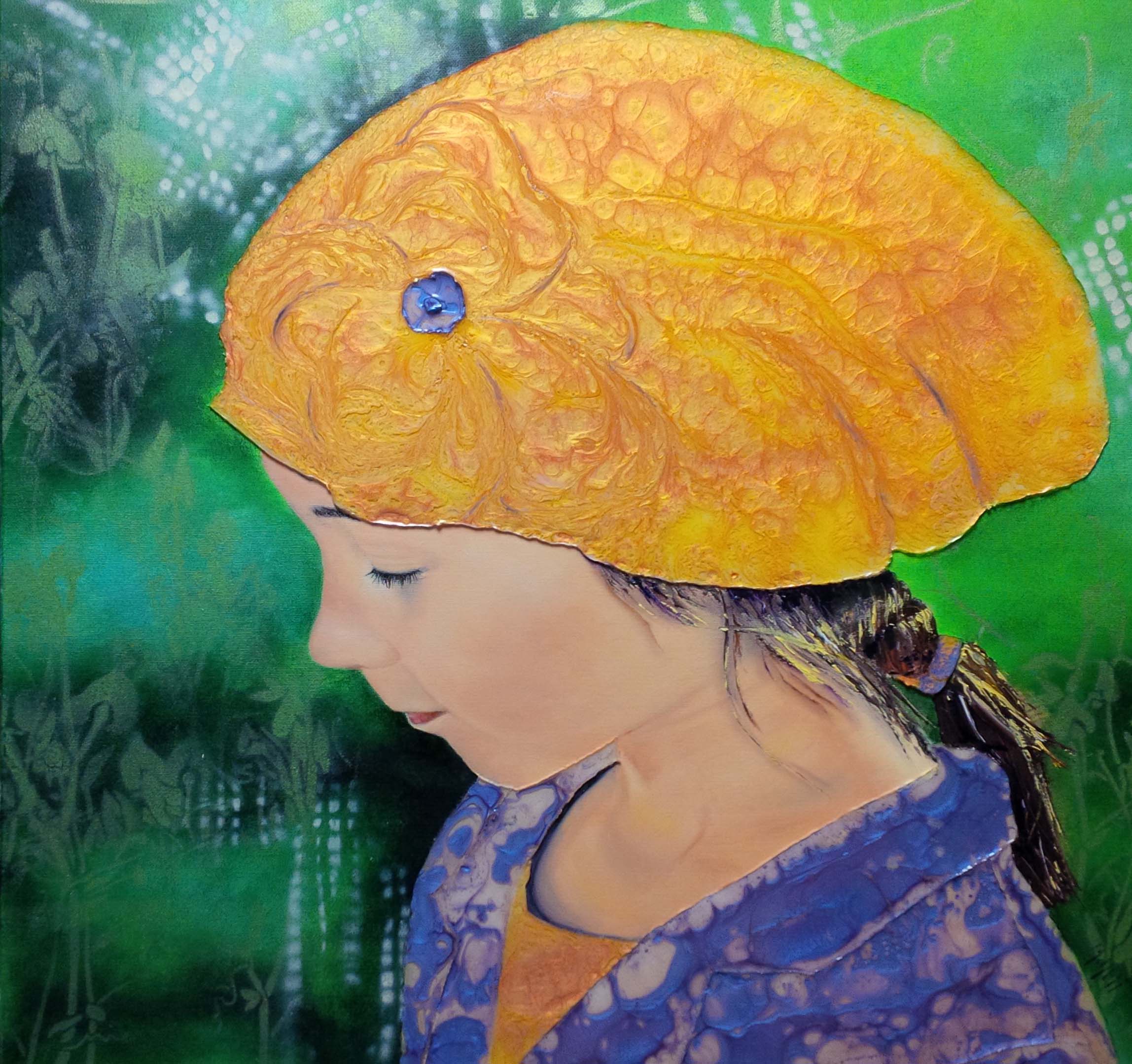 tableau peinture à huile et résine portait jeune fille de profil béret jaune fond vert