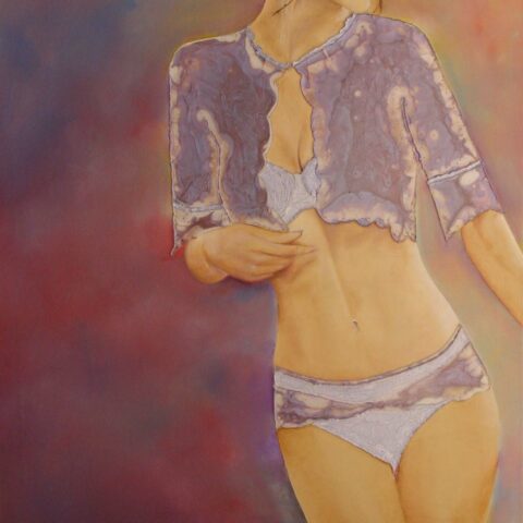 peinture à l'huile femme en sous vêtement et boléro couleur rose chair