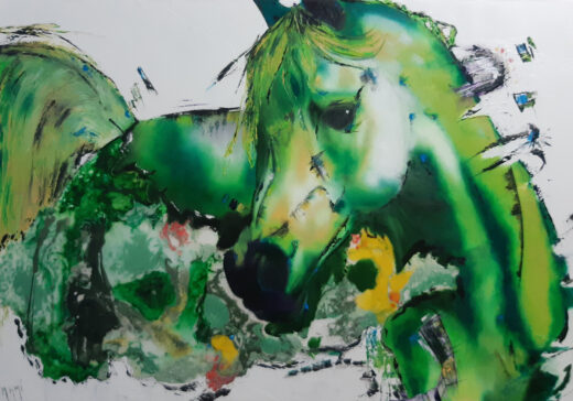 Cheval fougueux réaliste, peinture huile et résine sur chassis, couleur verte sur fond blanc