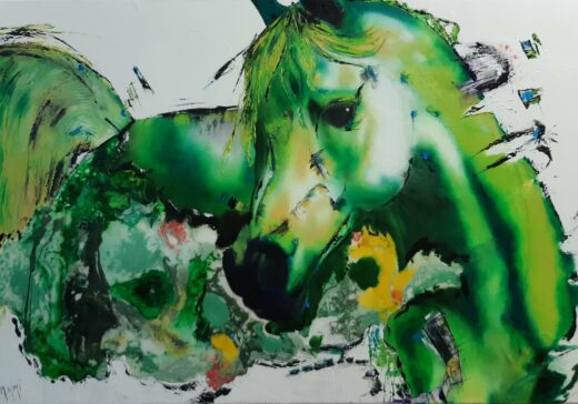 Cheval fougueux réaliste, peinture huile et résine sur chassis, couleur verte sur fond blanc