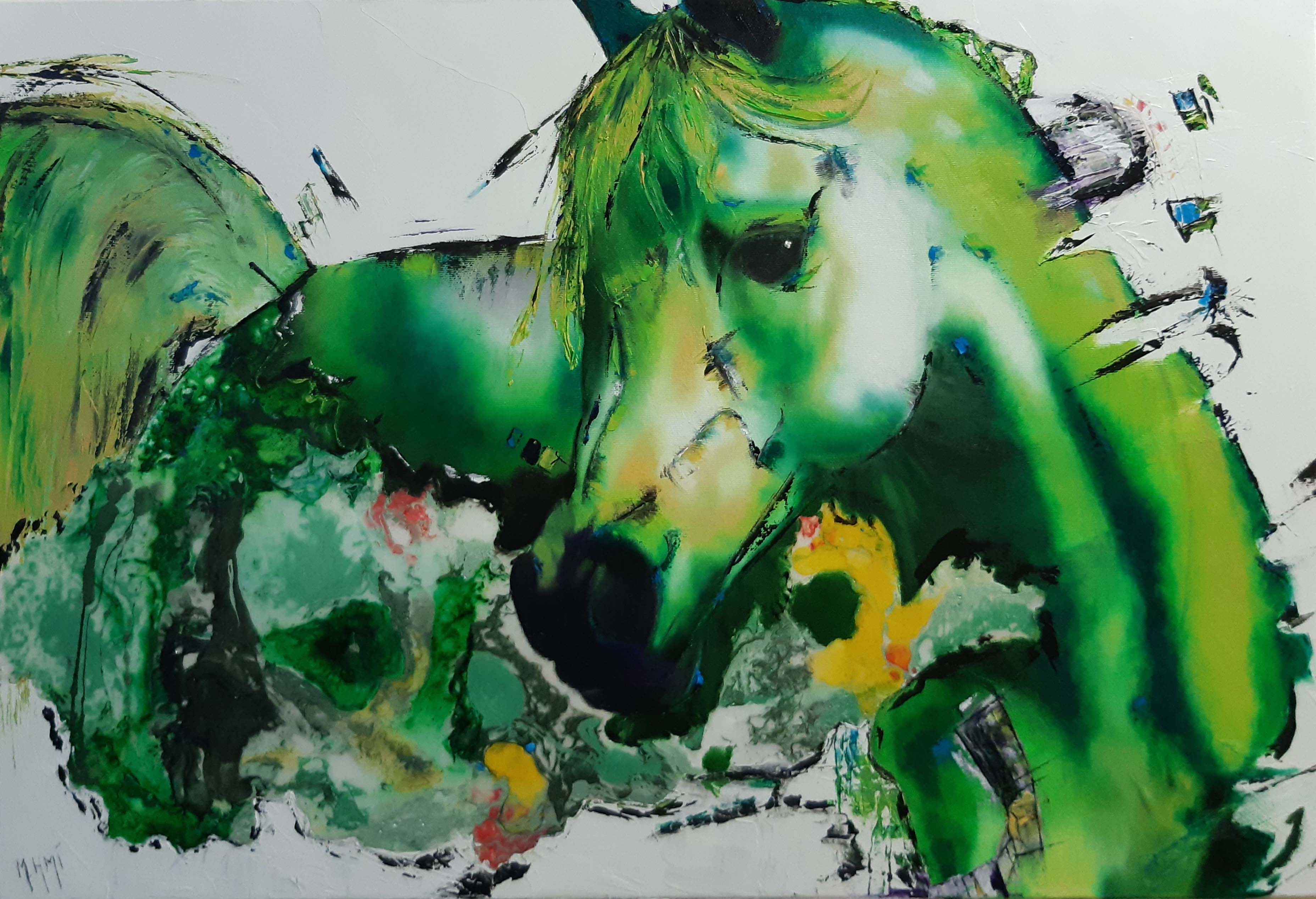 Cheval fougueux réaliste, peinture huile et résine sur chassis, couleur verte sur fond blanc