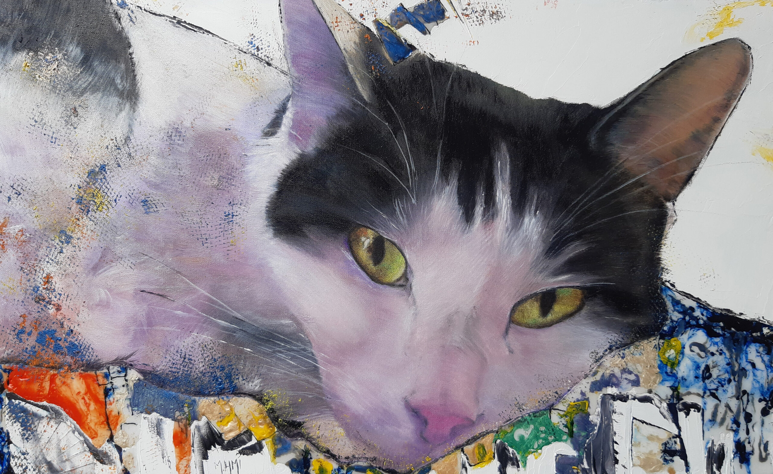 Peinture réaliste acrylique, résine, chat noir et blanc