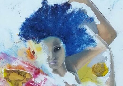 tableau peinture à l'huile et résine danseuse cheuveux bleus, robe rouge et jaune
