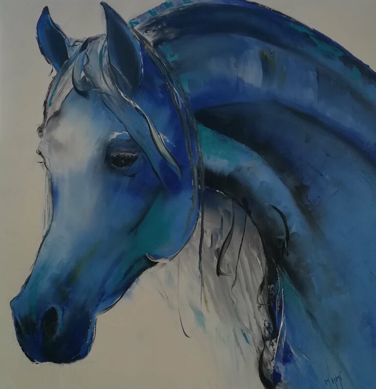 tableau figuratif, peinture à l'huile port de tête de cheval bleu