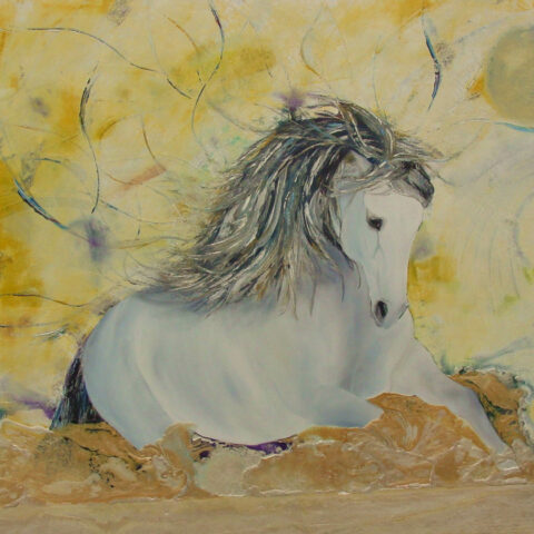 tableau figuratif, peinture à l'huile et résine, cheval blanc fond jaune