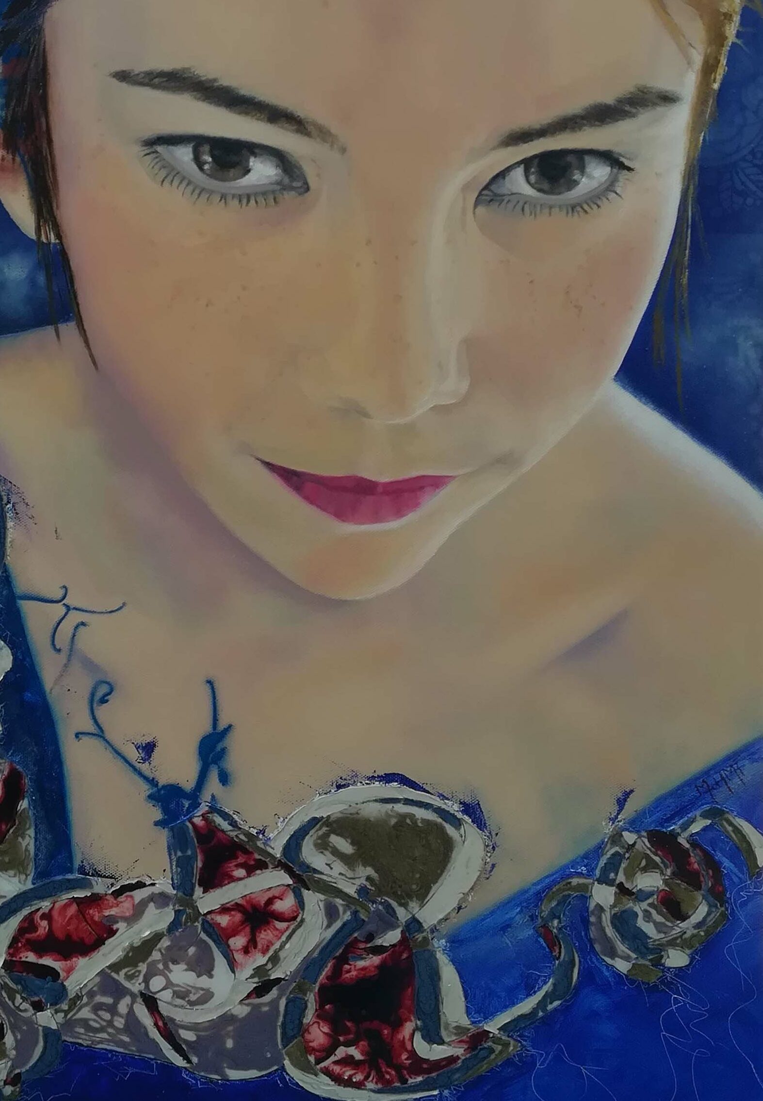 tableau figuratif, portrait fille sur fond bleu, peinture à l'huile et résine
