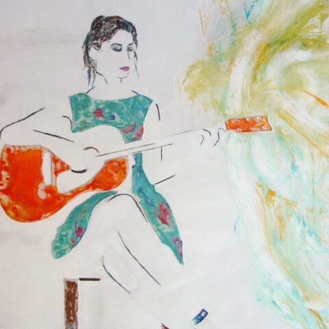 Tableau minimaliste, portrait femme juant de la guitare, fond blanc