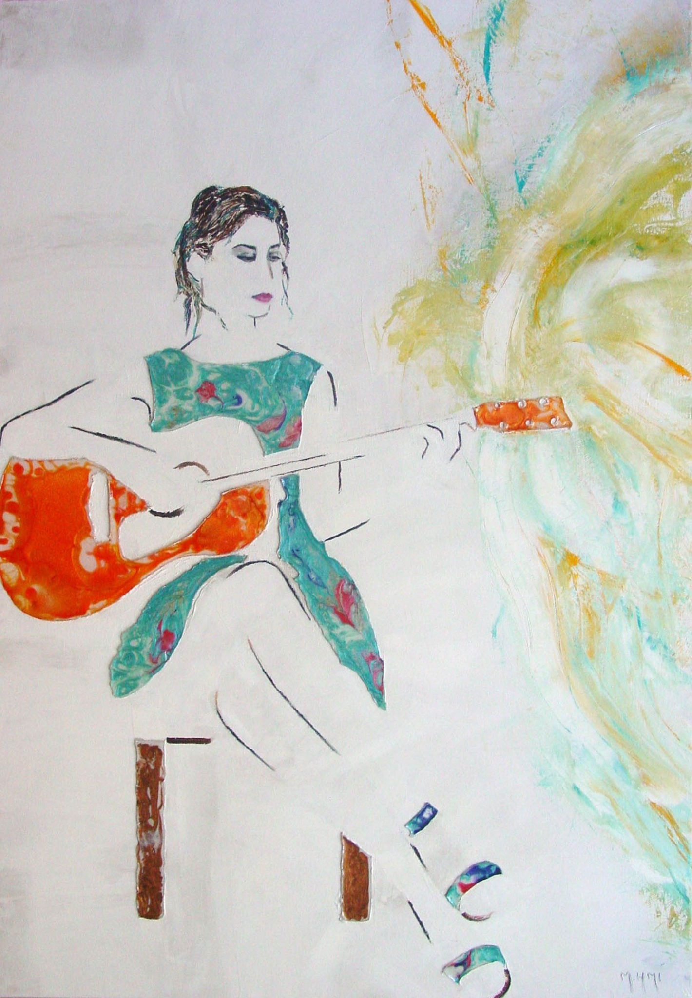 Tableau minimaliste, portrait femme juant de la guitare, fond blanc