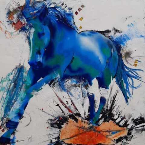 tableau figuratif cheval bleu oeuvre unique contemporain, art, huile résine pinceaux couteaux