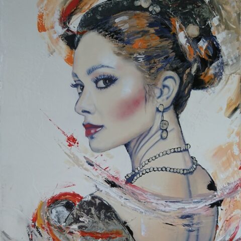 Tableau oeuvre résine huile femme Irina sensuelle figuratif chapeau noir art artiste peintre contemporain moderne couleurs