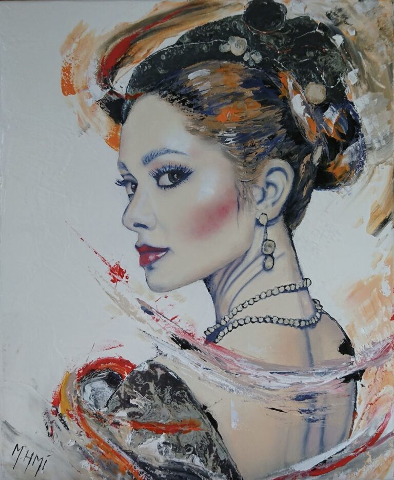 Tableau oeuvre résine huile femme Irina sensuelle figuratif chapeau noir art artiste peintre contemporain moderne couleurs