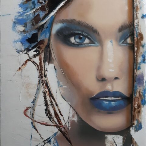 femme bleu paintart figuratif regard peinture huile résine pinceaux couteaux