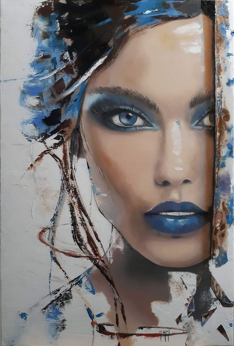 femme bleu paintart figuratif regard peinture huile résine pinceaux couteaux