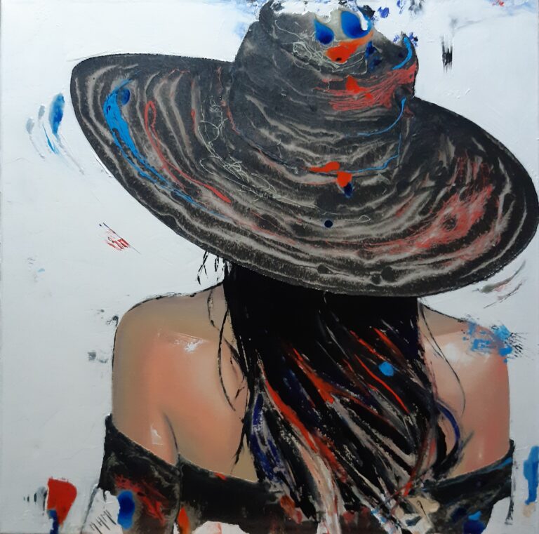 peinture tableau pinceaux couteaux huile résine artiste peintre contemporain portrait femme noir couleurs figuratif chapeau dos