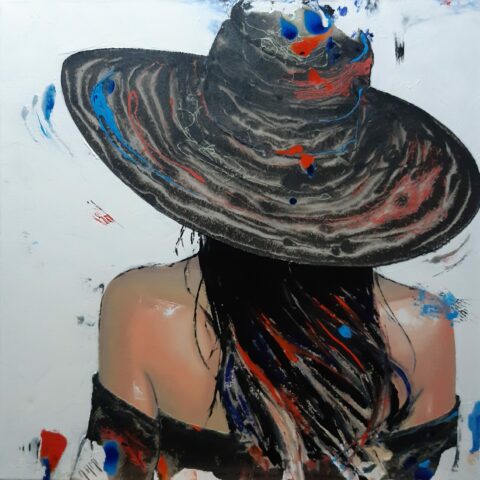 peinture tableau pinceaux couteaux huile résine artiste peintre contemporain portrait femme noir couleurs figuratif chapeau dos