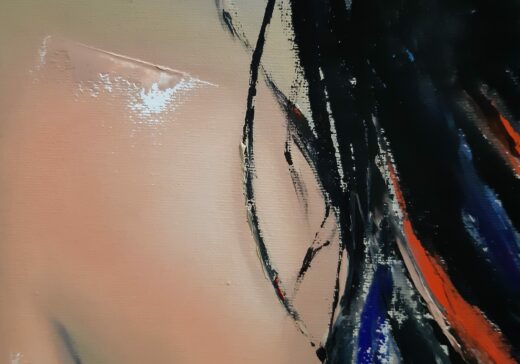 détails peinture tableau pinceaux couteaux huile résine artiste peintre contemporain portrait femme noir couleurs figuratif chapeau dos