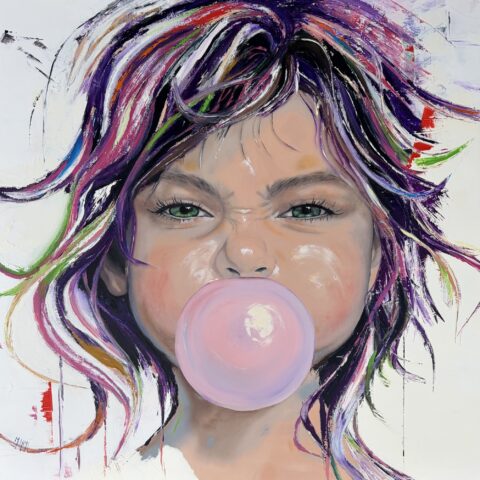 Tableau huile couteaux pinceaux résine fillette enfant rose moderne artiste peintre bulle chewing-gum figuratif oeuvre art