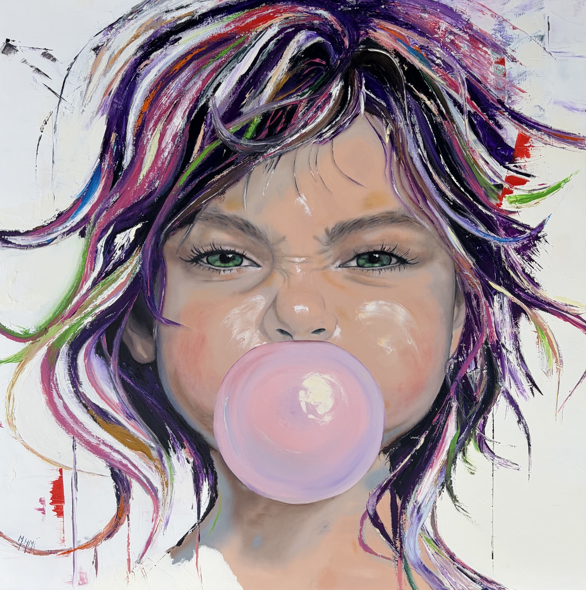 Tableau huile couteaux pinceaux résine fillette enfant rose moderne artiste peintre bulle chewing-gum figuratif oeuvre art
