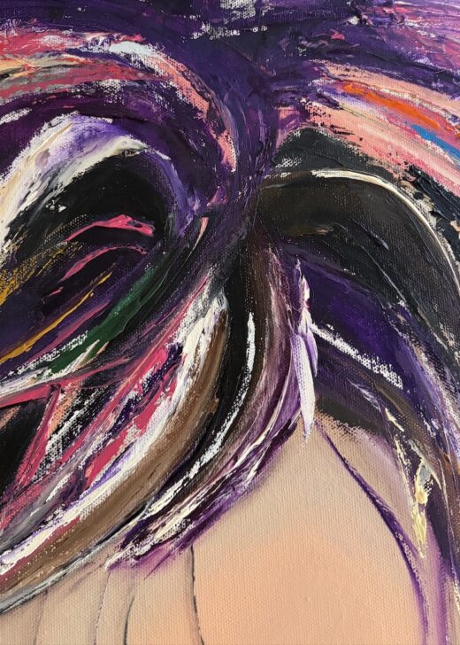 tableau moderne contemporaine artiste peintre bulle authenticité unique pièce original huile couteaux cheveux rose fillette enfant